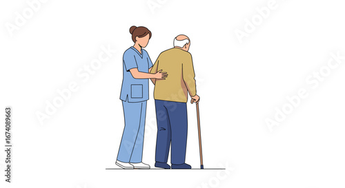 Compassionate caregiver assists elderly man walking with cane providing support and guidance throughout the journey
