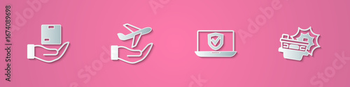 Set paper cut Delivery insurance, Plane hand, Insurance online and Car accident icon. Paper art style. Vector
