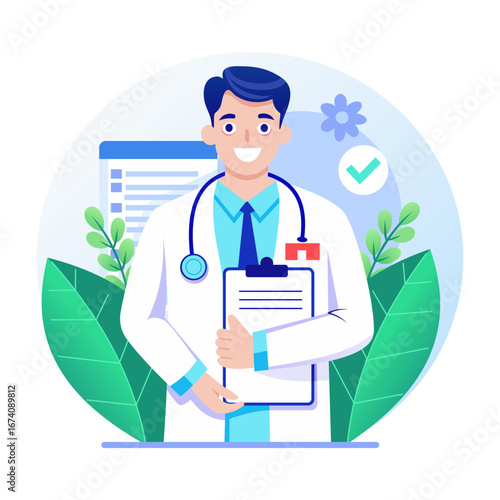 A flat style illustration showing medical assistant 