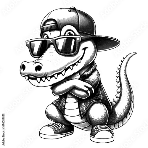 Cool cartoon dinosaur wearing sunglasses and hat