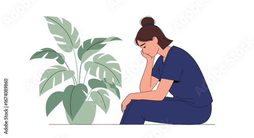 A young woman sitting thoughtfully next to a large leafy houseplant feeling down and contemplative about her life choices