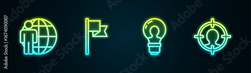 Set line Head hunting, Location marker, with lamp bulb and . Glowing neon icon. Vector