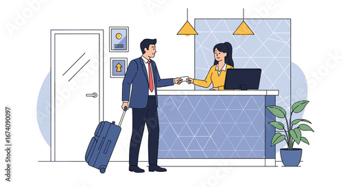 Business traveler checking into hotel lobby with suitcase meeting receptionist at front desk