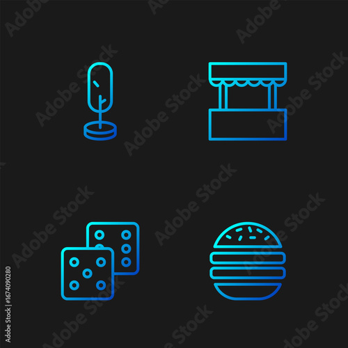 Set line Burger, Game dice, Tree and Ticket box office. Gradient color icons. Vector