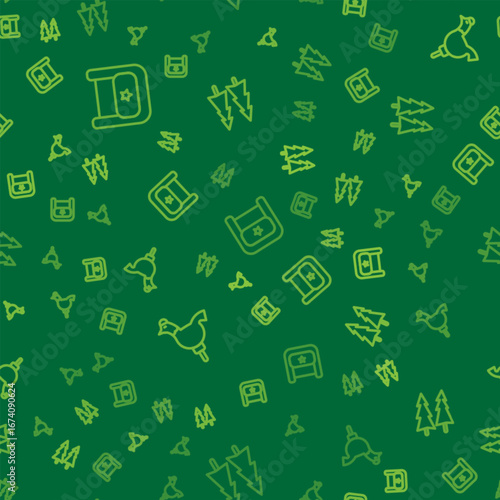 Set line Ushanka, Cockerel lollipop and Christmas tree on seamless pattern. Vector