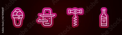 Set line Ice cream, Pinocchio, Wine corkscrew and Bottle of wine. Glowing neon icon. Vector