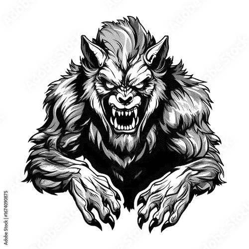 Fierce werewolf head with bared teeth, illustration