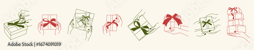 Minimalist gift giving line art illustration. Hand drawn present box with ribbon bow and holding hands design. Elegant holiday packaging doodle. Christmas and birthday gift sketch.