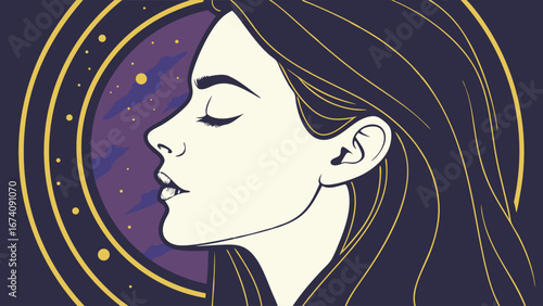 Womans profile with a celestial backdrop artistic illustration.