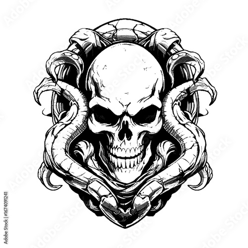 Skull with tentacles, gothic horror illustration