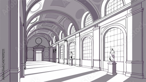 Elegant Interior Hallway with Statues and Archways Architectural Illustration.