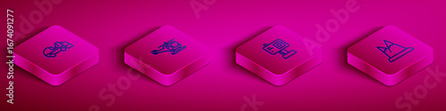 Set Isometric line Ice resurfacer, Rescue helicopter, Action camera and Mountains icon. Vector