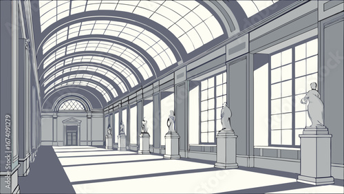 A Classical Hallway Interior with Statues and Skylight Architecture Illustration.