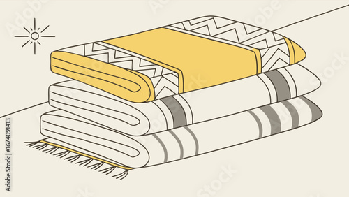 Stack of folded blankets with geometric patterns soft textures cozy home decor minimalist illustration.