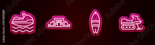 Set line Jet ski, Formula 1 racing car, Surfboard and Snowmobile. Glowing neon icon. Vector