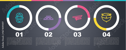 Set line Rafting boat, Formula 1 racing car, Hang glider and Speedboat. Business infographic template. Vector