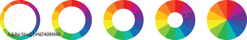Colorful circular chart set with rainbow gradient segments in modern flat style. Perfect for infographics, presentations, and data visualization. Editable vector design for creative projects.