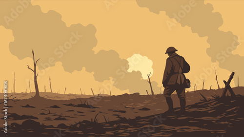 A lone soldier walking across a desolate battlefield at sunset illustration.