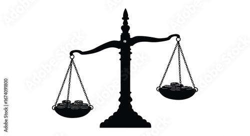 A black silhouette of a balanced scale with coins on both sides