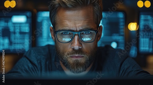 Focused face lit by screens with digital data behind