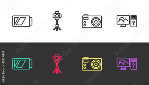 Set line Battery for camera, Softbox light, Photo and retouching on black and white. Vector