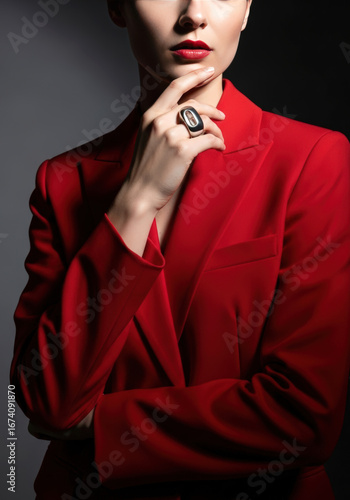 Elegant business woman in a vibrant red suit with red lips and a stylish ring