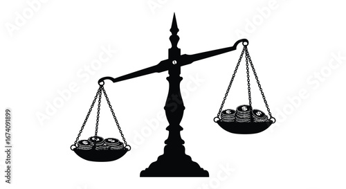 Black silhouette of unbalanced scales with coins on white background