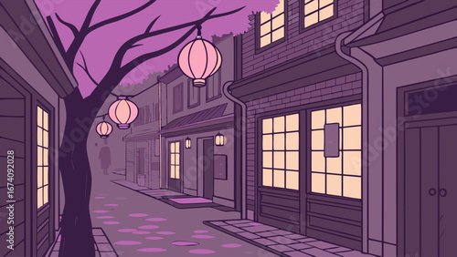 A Nighttime Asian Alleyway Scene with Paper Lanterns.