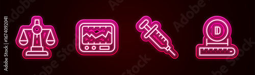 Set line Scales of justice, Measuring instrument, Syringe and Diameter. Glowing neon icon. Vector