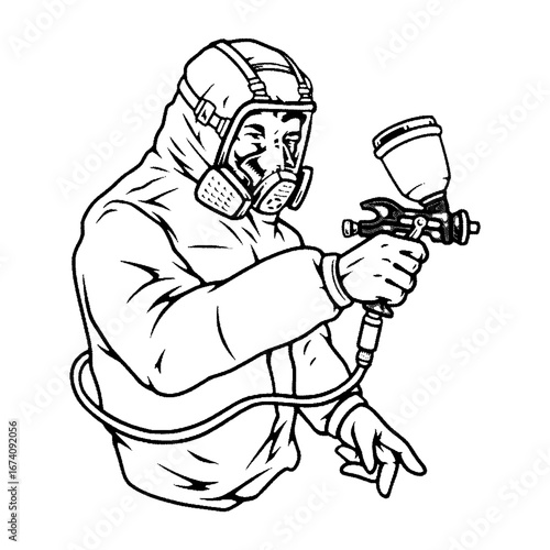 Painter in protective suit with spray gun