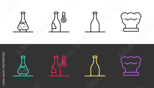 Set line Decanter for wine, Wine temperature, Bottle of and Chef hat on black and white. Vector