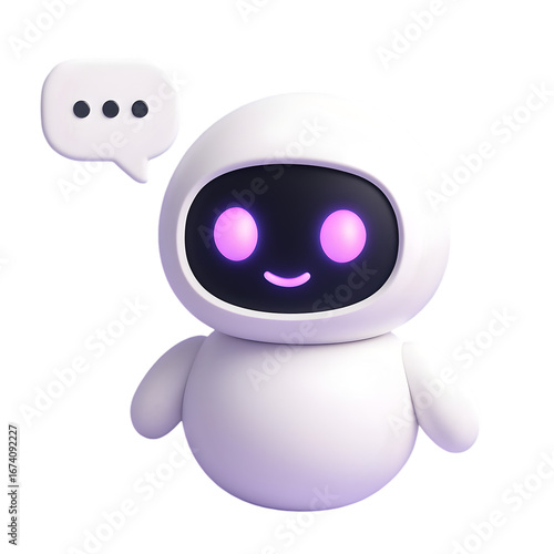 Cute robot 3d render friendly expression purple eyes speech bubble artificial intelligence high quality professional