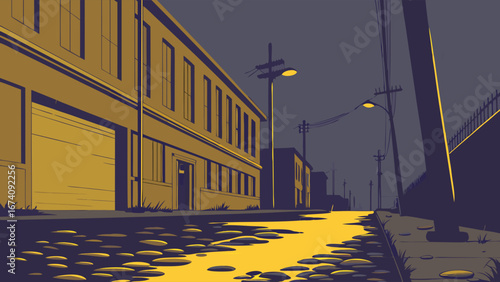 Nighttime Alleyway Cobblestone Street Urban Scene Dark Cityscape Vector Illustration.