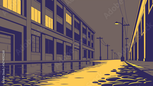 Evening Street Scene with Reflections.