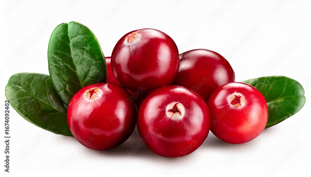 Obraz premium fresh organic cranberries with bright red color and green leaves