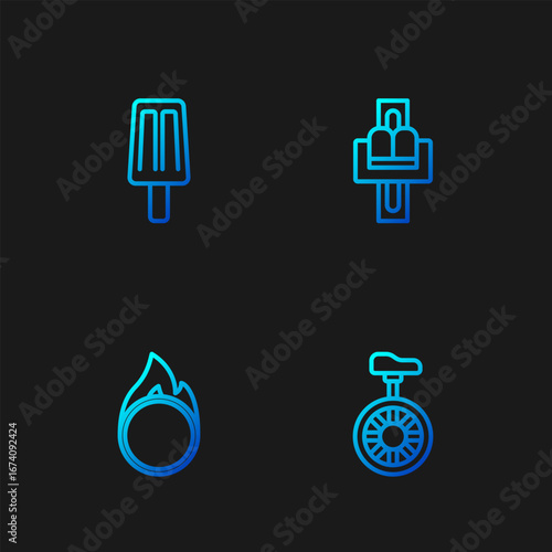 Set line Unicycle or one wheel bicycle, Circus fire hoop, Ice cream and Attraction carousel. Gradient color icons. Vector