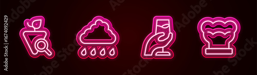 Set line Grapes, Cloud with rain, Wine tasting, degustation and Chef hat. Glowing neon icon. Vector