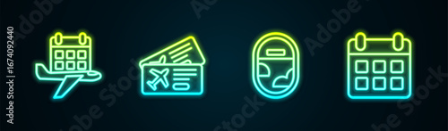 Set line Calendar and airplane, Airline ticket, Airplane window and . Glowing neon icon. Vector