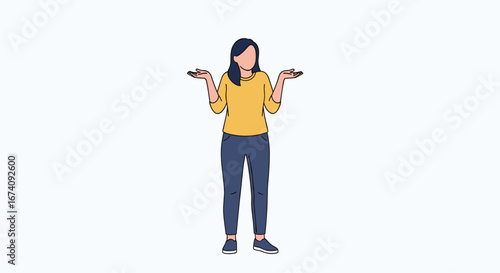A woman standing with her hands up in a shrugging gesture against a plain white background