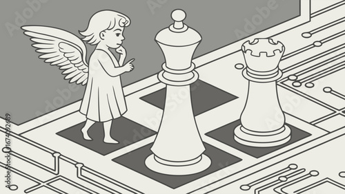 A digital angel contemplates a strategic chess match on a circuit board.