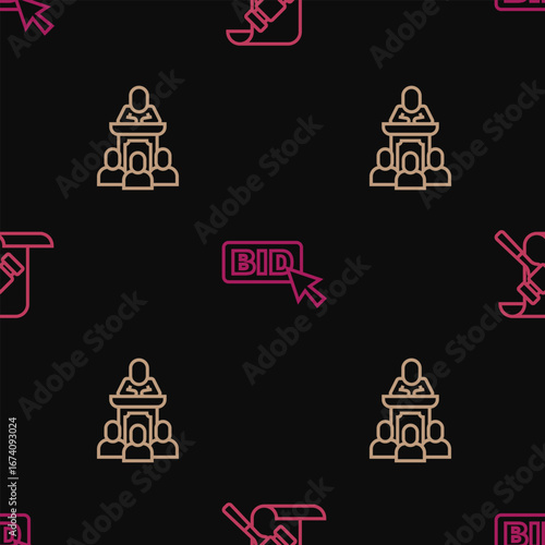 Set line Auction hammer, auctioneer sells and Bid on seamless pattern. Vector