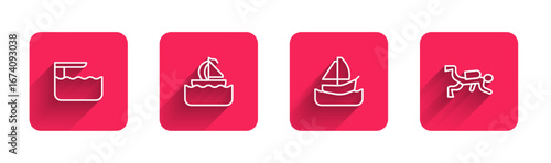 Set line Diving board or springboard, Yacht sailboat, and Scuba diver with long shadow. Red square button. Vector