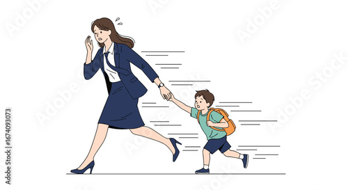 Busy mother hurriedly rushing her young son to school on a chaotic morning of daily life
