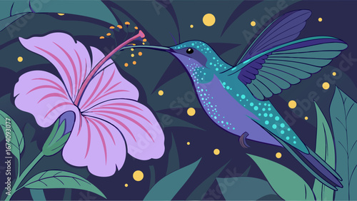 Hummingbird feeding on a flower at night stylized illustration vibrant colors tropical bird floral design nature art.