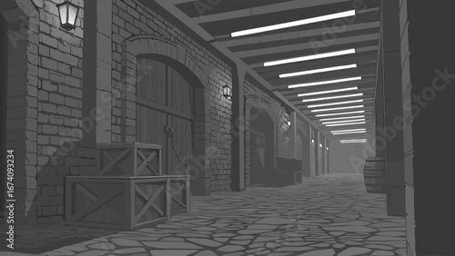 Dark stone corridor arched doorways wooden crates barrels dimly lit interior grunge texture game background movie scene medieval setting fantasy illustration cellar warehouse storage room night scene.