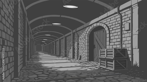 A grayscale illustration of a shadowed interior perspective tunnel view.