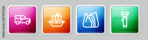 Set line Car, Viking ship Drakkar, Waterfall and Flashlight. Colorful square button. Vector