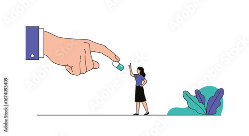 Giant hand nurtures tiny plant held by small woman symbolizing growth and care