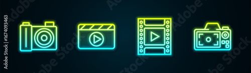 Set line Photo camera, Movie clapper, Camera film roll cartridge and . Glowing neon icon. Vector