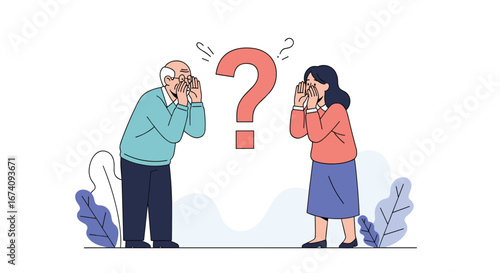 Two people struggling to communicate with a question mark between them showing confusion or misunderstanding